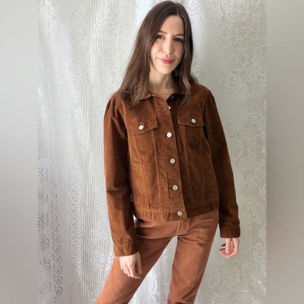 Vintage Y2K Gap Brown Corduroy Trucker Jacket Classic Cropped Layering - Picture 4 of 10